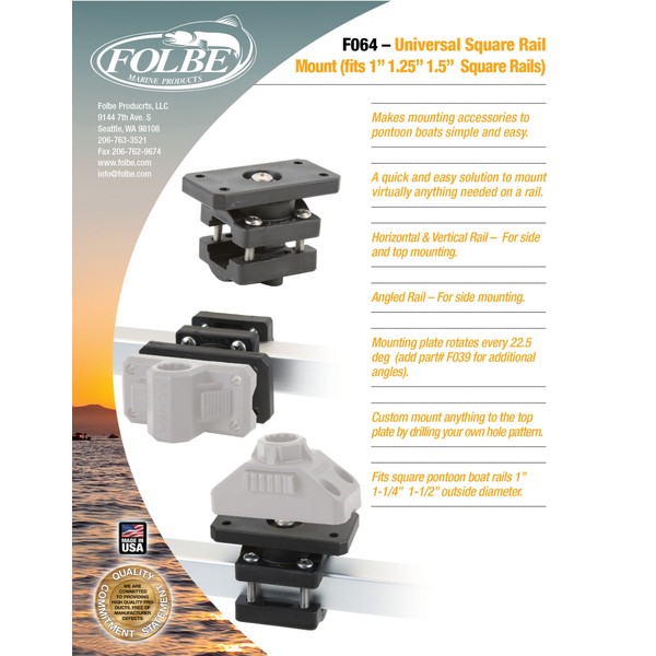 Folbe F064 - Pontoon Square Rail Mount Kit - Fits 1"-1.25" (Will fit 1.5" Rails with Additional Hardware)