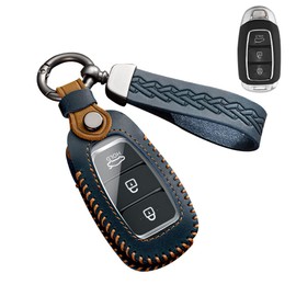 ontto Leather Car Key fob Cover fit for Hyundai I30 I40 Kona Solaris Grandeur Ig Accent Santa Fe Palisade 2017-2021 Keychain Keyring Accessories Remote Key case Key Holder Protector Blue