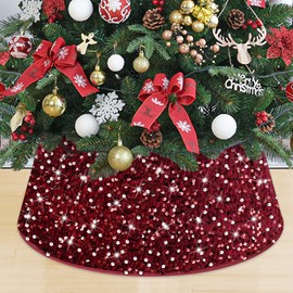 MODFUNS Christmas Tree Stand Base Sequins Christmas Tree Collar 24 Inch Burgundy Shimmer Velvet Tree Stand Cover Sparkling Tree Skirt Christmas Decorations Maroon Xmas Tree Base for Xmas Home Party