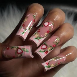 IMRAIN Press on Nails Long Square Fake Nails Pink French Tips Glossy False Nails with Cute Strawberry Designs Full Cover Glue on Nails DIY Acrylic Nail Supplies Stick on Nails Kit 24Pcs