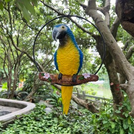 BSIRZAM Hanging Parrot Macaw Sculpture Ring Perch Indoor/Outdoor Statue for Patio Home Garden, Medium 15 Inch Tall