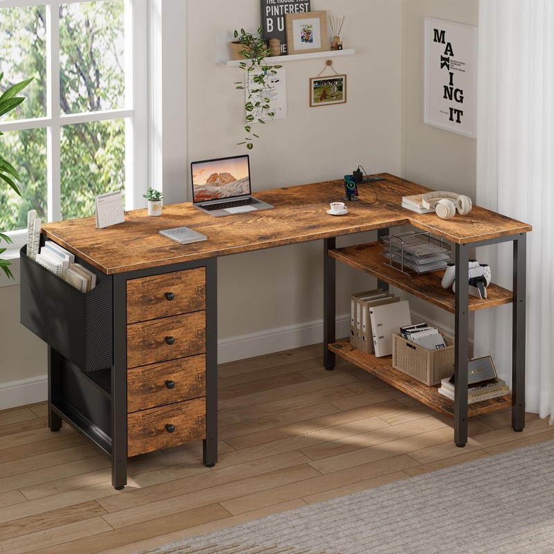 DLisiting L Shaped Computer Desk with Drawers - 47 Inch