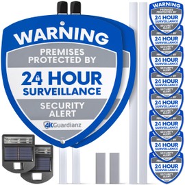 Professional Security Surveillance Signs & Stickers - Complete Kit with Stakes for Yard, Stickers for Windows, Solar Lights for After Dark. Effective for Reducing Theft & Crime at Home or Business