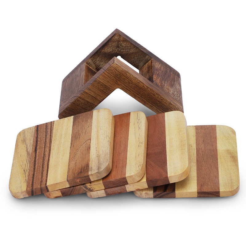 Ajuny Wooden Square Drink Coasters with Holder Set of 4