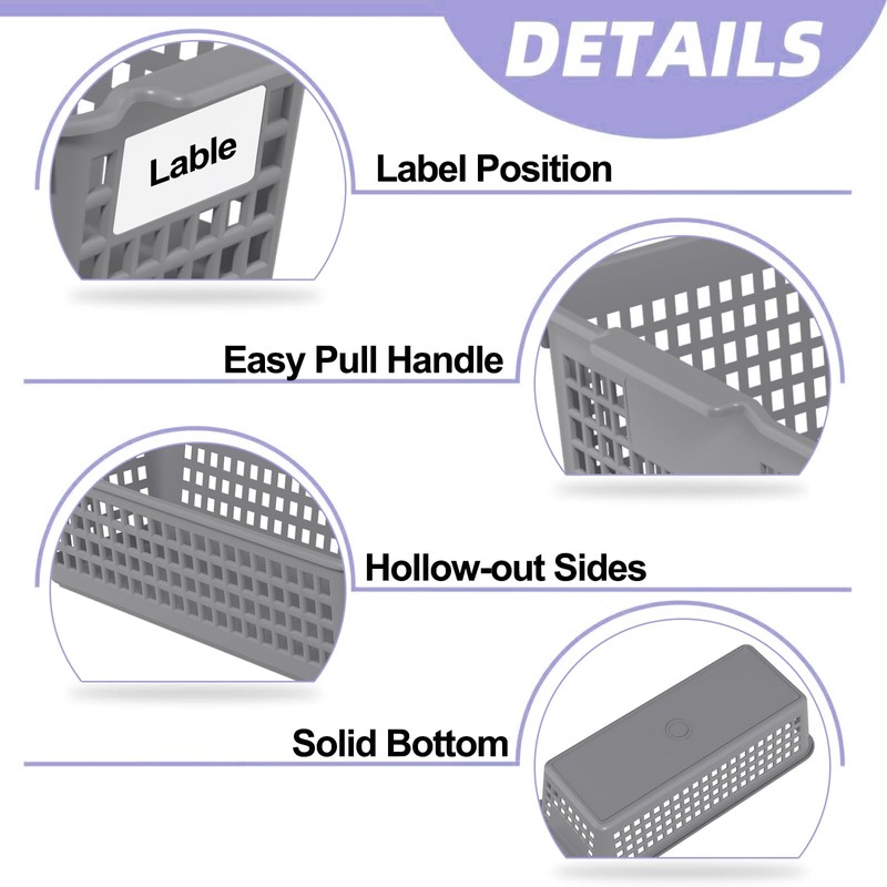 Ramddy Slim Plastic Storage Baskets, Gray Small Shelf Baskets, 4