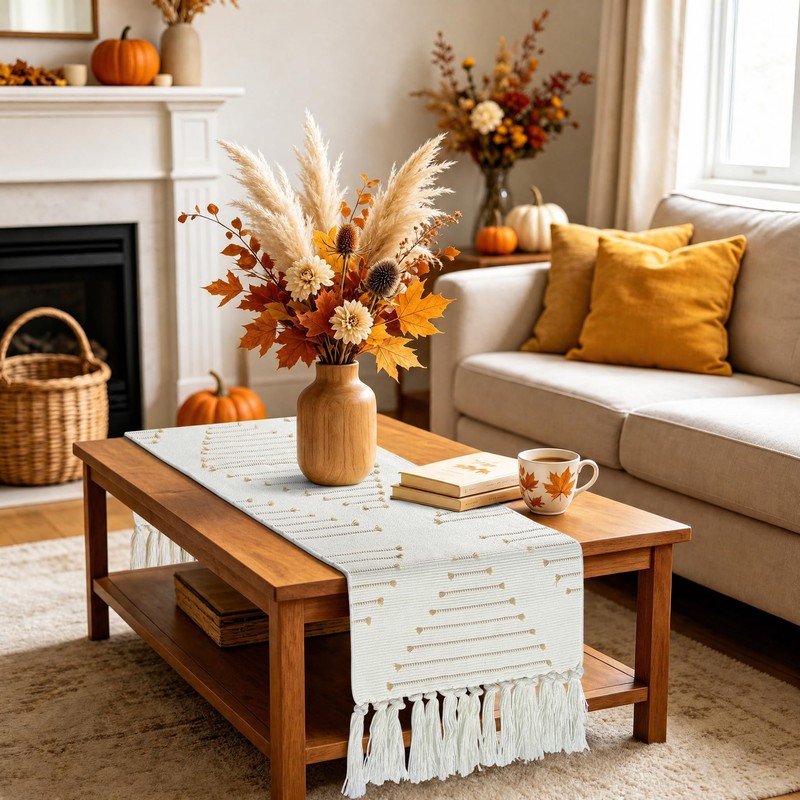 Fall Boho Table Runner with Tassels, Woven Farmhouse Decor, 12x48