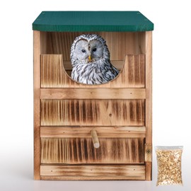 Owl House 12.99" x 7.48" x 8.66",Barn Owl Bird House,Owl Nesting Box,Large Handmade Wooden Rectangular Opening Bird Box,with Mounting Screws,with Mounting Screws and A Bag of Wood Shavings