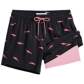 maamgic Mens Swim Trunks with Compression Liner 5" Stretch Beach Shorts Quick Dry with Zipper Pockets No-Chafing Board Shorts Black-Pink Shark S