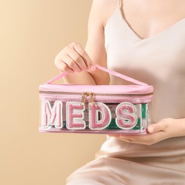 Clear Waterproof MEDS RX Makeup Bag，Transparent PVC Letter Patch medication travel case with Handle and Zipper, Portable Meds First Aid Travel Organizer Cosmetic Bag(01 Pink MEDS)