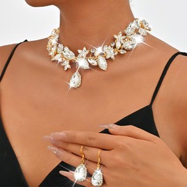 Unicra Crystal Bridal Wedding Jewelry Set Rhinestone Necklace Earrings Sets Formal Costume Jewelry for Women and Brides (Gold)