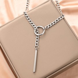 Heart O Ring Slip Chain Choker Necklace for Women Stainless Steel Cuban Chain Heart Y-shape Necklace Punk Rock Collar Necklaces Adjustable Lariat Y Necklace for Men (Silver bar)