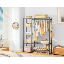 Wardrobe Closet, Portable Clothing Rack for Hanging Clothes, Free Standing Closet Organizers and Storage System with 4 Tiers Shelves for Cloakroom Bedroom, Black