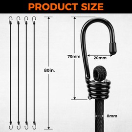 4-Piece 80 Inch Bungee Cords with Hooks, Heavy Duty Outdoor Elastic Bungee Straps, Industrial Grade Bungee Cord for Securing Tarps, Luggage, Tents, Bikes or Garden Tidying