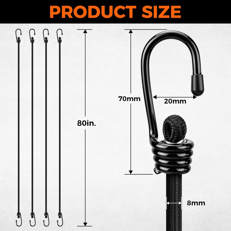 4-Piece 80 Inch Bungee Cords with Hooks, Heavy Duty Outdoor