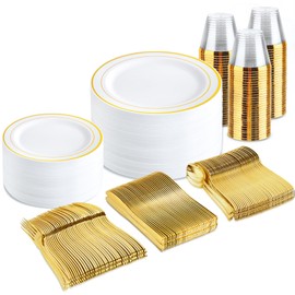 bUCLA bUCLA 300PCS Gold Disposable Dinnerware Set - White and Gold Plastic Plates Dinnerware 50 Guests - Include 50 Dinner Plates,50 Dessert Plates,50 Knives,50 Forks,50 Spoons,50 Cups for Party&Wedding