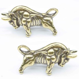 SnowOwl Brass Bull Statue 2pcs, Small Cow Figure Statues Ox Sculptures, Perfect Decor Home Table Decoration Office Desk Animal Ornament Figurine (Bronze-3)