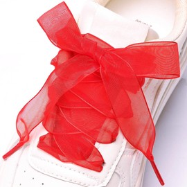 Booyckiy 2 Pair Flat Snow Yarn Shoe laces for Sneaker 2cm Wide Satin Ribbon ShoeLaces for Women Girls, Red 47inch(120cm)