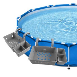 Above Ground Pool Storage Basket, Tesmirror Poolside Table Tray with Cup Holder Drink Holder for Outdoor Swimming Pool Side Accessories, Above Ground Pool Shelf Pool Deck, Fits 3 Inch or Less Top Rail