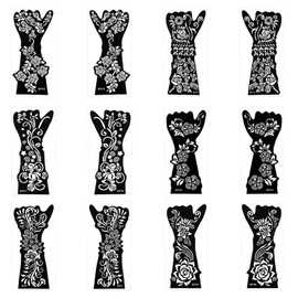 12 Sheets Henna Tattoo Stencils for Hands, Large Henna Stickers Kit Reusable Indian Arabian Temporary Tattoo Templates for Hand Forearm Body Paint