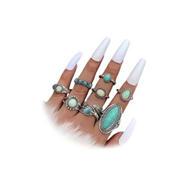 Bohemian Turquoise Ring Set for Women,Vintage Western Rings Chunky Turquoise Opal Stackable Knuckle Ring Set Punk Crystal Midi Finger Ring Pack Boho Jewelry (Ring set-A)