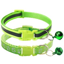 CHBORCHICEN 2-Pack Footprint & Reflective Cat Collar with Bell Basic Dog Cat Collar Buckle Adjustable Polyester Cat Dog Collar or Seatbelts (Small, Fluorescent Green)