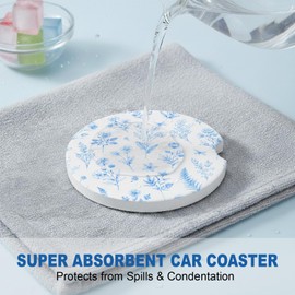 Ceramic Car Coasters, 2 Pack, 2.64" Absorbent Car Cup Holder Coasters, Cute Ceramic Car Coasters for Women, Elegant Blue Floral Pattern