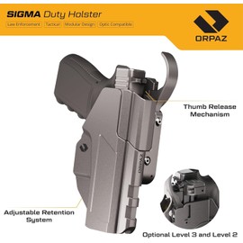 Orpaz Sigma G23 Duty Holster – Compatible with Glock 23 Holster - OWB Tactical with Level 3 or Level 2, Thumb Release, Optics-Ready, with Paddle Attachment