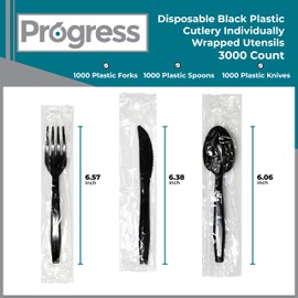 Progress Plastic Cutlery individually wrapped utensils, Heavy Weight black disposable cutlery,Strong & Durable Bulk Plastic flatware set - Spoons, Forks & Knives (1000 count each)