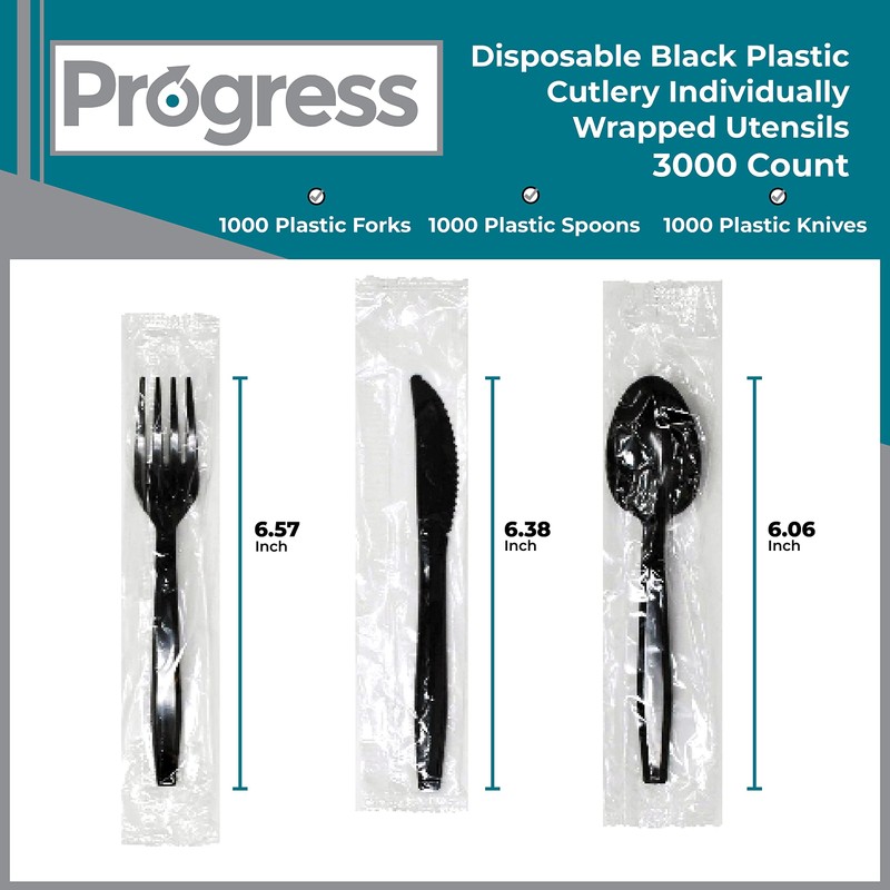 Progress Plastic Cutlery individually wrapped utensils, Heavy Weight black disposable