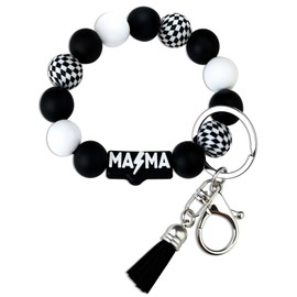 ICHRATI Mama Keychain Wristlet Silicone Beaded Bracelet Key Chain Bracelet for Women Holder Car Keyring Accessories with Tassel Black Checkered Charm Cool Mothers Day Gifts for New Mom