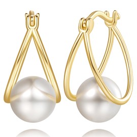 ESSIE ODILA Pearl Earrings for Women 14K Gold Earrings for Women Gold Hoop Earring for Womens Pearls Hoops Trendy Grey Mystique or White Grace Pearls Drop Dangle Pearl Hoop Earring for Womens 18mm (White)