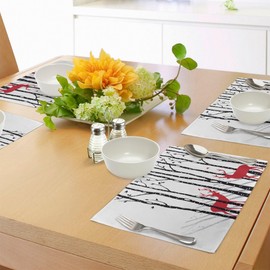 Ambesonne Antlers Place Mats Set of 8, Deer Tree Forest Holiday Theme Flying Leaves Branch Reindeer Winter Print, Washable Fabric Placemats for Dining Table, Placemat 8 pcs, White and Red