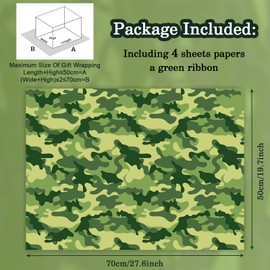 Army Camouflage Wrapping Paper in Brown, Blue, Green, 4 Sheets, 50 x 70 cm with Matching 22 m Silk Ribbon, Camouflage Wrapping Paper for Men, Boys, Children's Birthdays, Outdoor Party