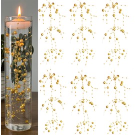 12 Pcs Pearl String Set for Floating Candles Centerpiece, Gold Faux Pearl Beads Vase Filler for Wedding Table Christmas Tree Decor Centerpiece. (Gold)