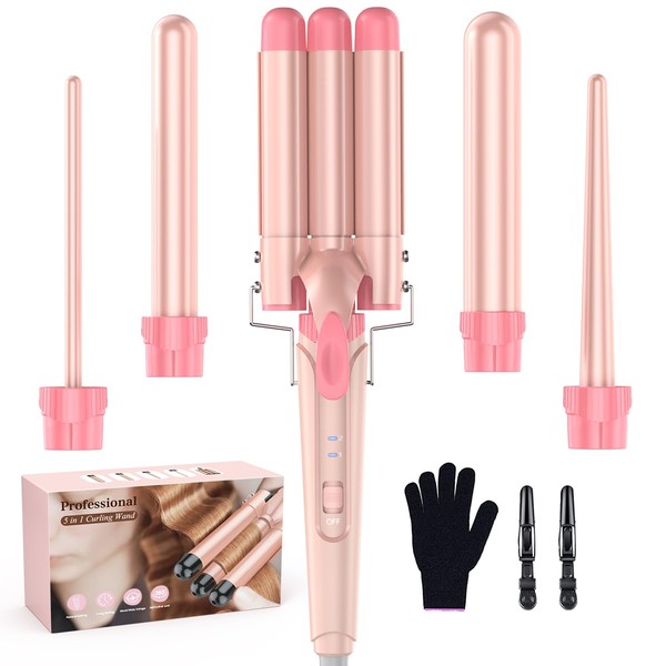 Waver Curling Iron Curling Wand - BESTOPE PRO 5 in 1 Curling Wand Set with 3 Barrel Hair Crimper for Women, Fast Heating Crimper Wand Curler in All Hair Type - Leather Pink
