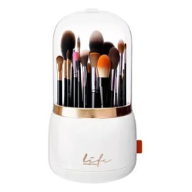 Glamorous Gem 360° Rotating Makeup Brush Holder with Lid | Dustproof Cosmetic Organiser & Storage Pot for Vanity Countertop (White)