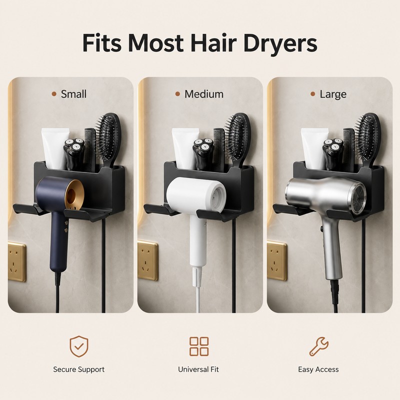 Drill-Free Wall Mount Hair Dryer Holder – Multifunctional Bathroom Organizer