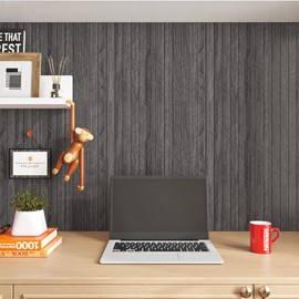 ReWallpaper Peel and Stick Charcoal Black Acoustic Panels Sound Absorbing Slat Wall Paneling Self Adhesive Faux Wood Wall Panels Waterproof Decorative Covering for Bedroom Door Office DIY 12in x 10ft