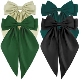 Atoden Green Hair Bows Silky Satin Bows for Hair Ribbons 4Pcs Coquette Oversized Long Tail Hair Bow Clips Barrettes Big Bowknot Hair Accessories for Women Girl Trendy Stuff Gifts (Green Black)