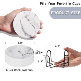 Drink Coasters Set of 6 - Marble Style Ceramic Round Coaster, Coasters with Holder and Cork Base, Ceramic coaster suitable for all kinds of cups, gift, for Women Men Home Decor, 4 ''