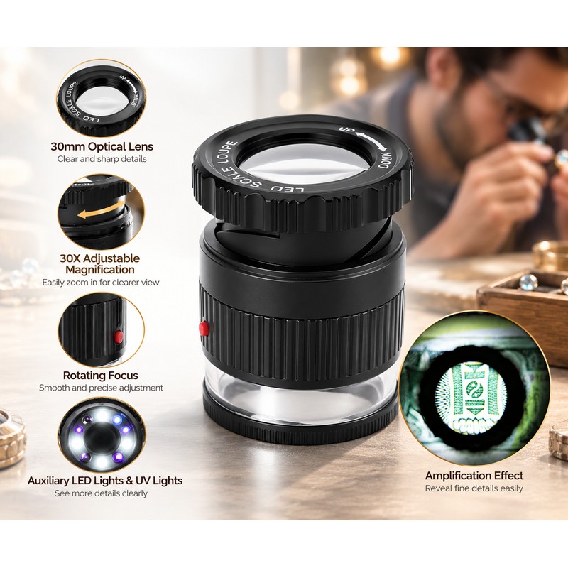 30X LED Magnifying Loupe for Jewelry Inspection – Adjustable Metal