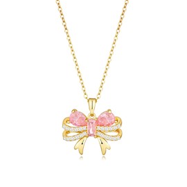 crataly Pink Rose Quartz Bow Necklace for Women-Gold Plated Zirconia Bow Jewelry for Valentine's Day Mother's Day Christmas Birthday Gifts
