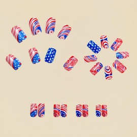 FOXIIU Press on Nails Independence Day Glossy Full Cover Acrylic French False Nails with Patriotic Designs July 4th Holiday Artificial Fake Nails USA Flag Glue ons Fingernails for Women Girls(Y670)