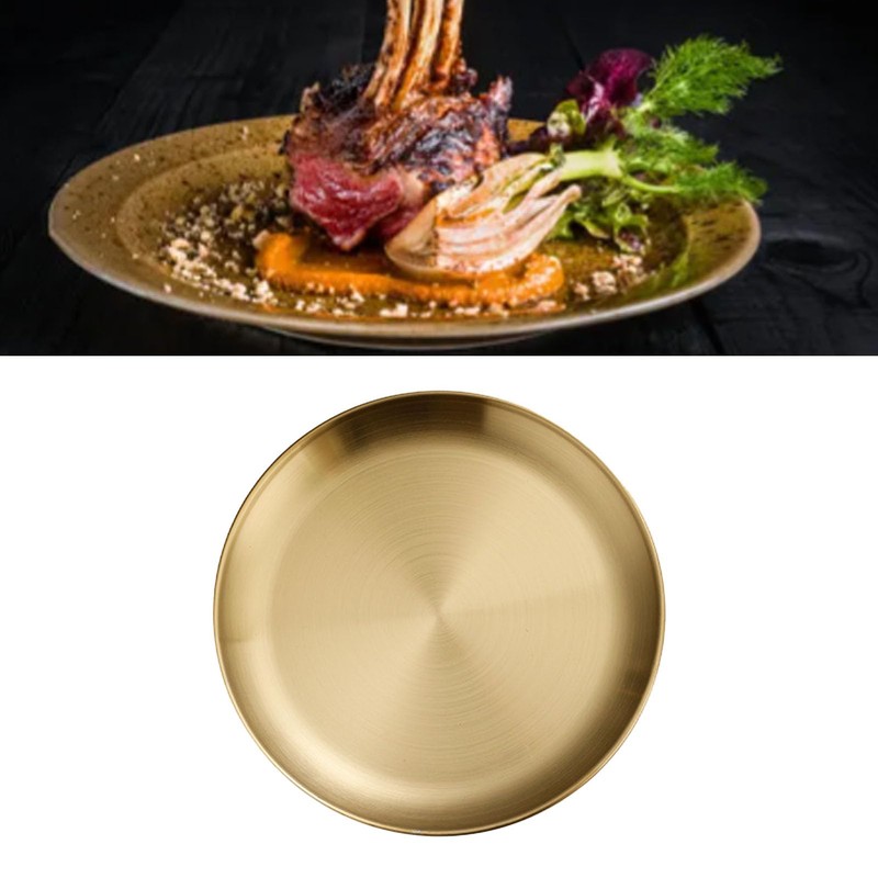 Xebslyti Round Stainless Steel Tray Dinner Dishes Plate Gold Decorative
