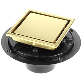 QWORK 4 Inch Square Gold Shower Drain with Flange - Reversible 2-in-1 Tile Insert Grate, SUS304 Stainless Steel, Brushed Gold Floor Drain, Cover Tile Insert