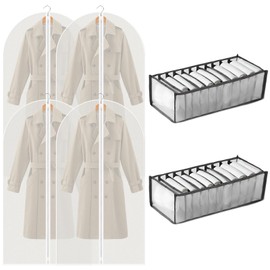 Garment Bags with Zip, Socks Organiser Drawer, Pack of 4 Transparent Clothes Protective Covers and 2 Pieces 11 Grid Grey Underpants Organiser for Ties, Belts