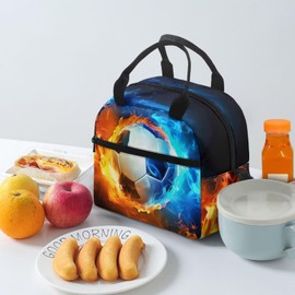 SCRAWLGOD Fire Football Lunch Box Boys 8-12/6-8 Years Old Soccer Insulated Lunch Bag Kids for School Small Lunch Tote Cooler Holder Lunchbox with Pocket Picnic Food Warmer