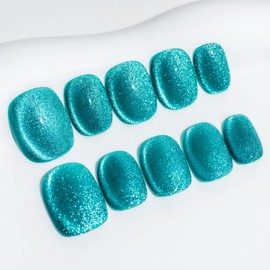 Sun&Beam Nails Handmade Press On Short Round with Nile Blue Cat Eye Design Charm Cute False Nail Tips 10 Pcs (#93 S)