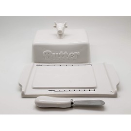Butter Dish Cow Head Knob With Knife White Stoneware
