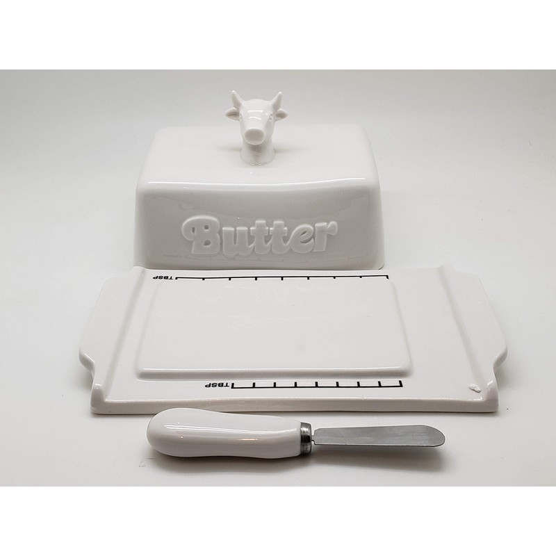 Butter Dish Cow Head Knob With Knife White Stoneware